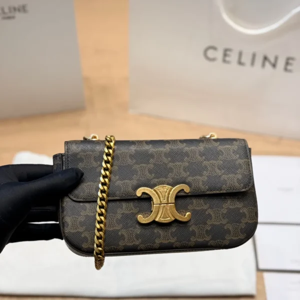 CELINE0152-01 Celine Triomphe Gold Monogram Leather Hobo Bag