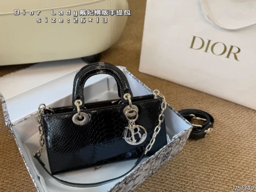 Dior Lady Dior Croc-Embossed Top Handle Bag