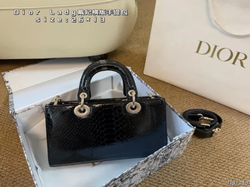 Dior Lady Dior Croc-Embossed Top Handle Bag