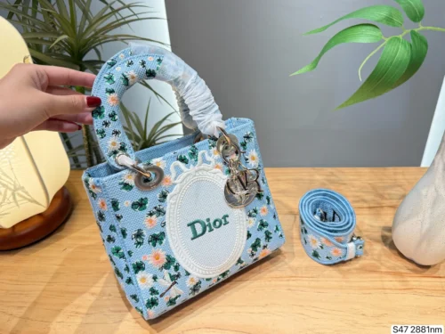 Dior Lady Dior Blue Embroidered Canvas Handbag