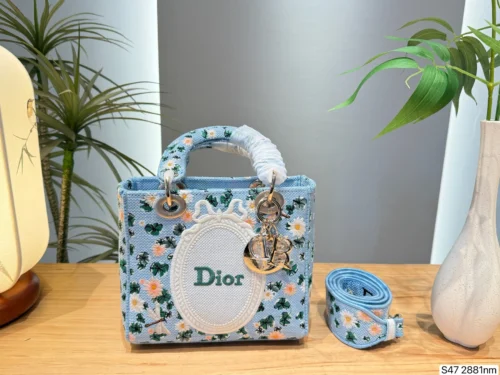 Dior Lady Dior Blue Embroidered Canvas Handbag