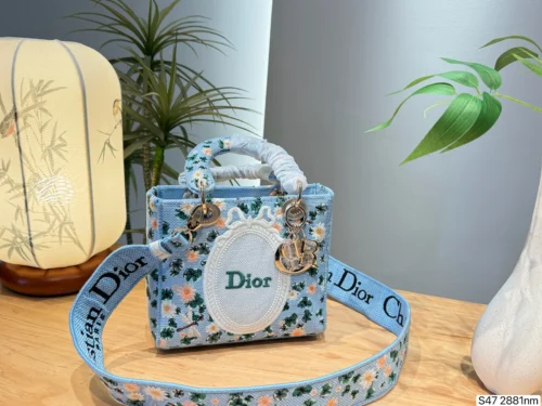 Dior Lady Dior Blue Embroidered Canvas Handbag
