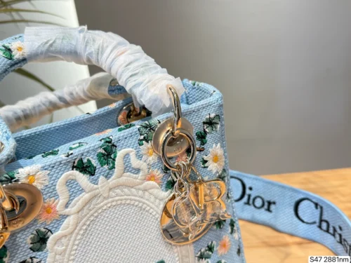 Dior Lady Dior Blue Embroidered Canvas Handbag