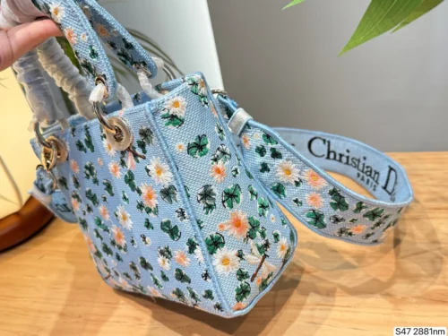Dior Lady Dior Blue Embroidered Canvas Handbag