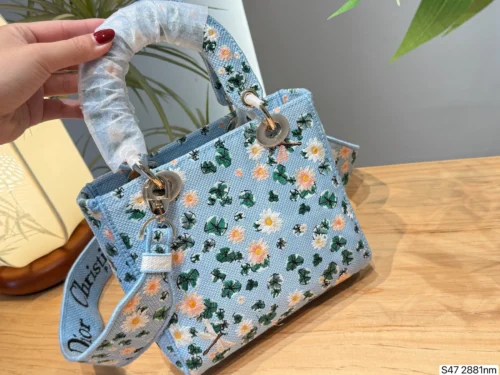 Dior Lady Dior Blue Embroidered Canvas Handbag