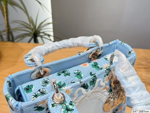 Dior Lady Dior Blue Embroidered Canvas Handbag