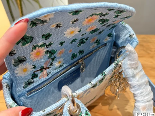 Dior Lady Dior Blue Embroidered Canvas Handbag