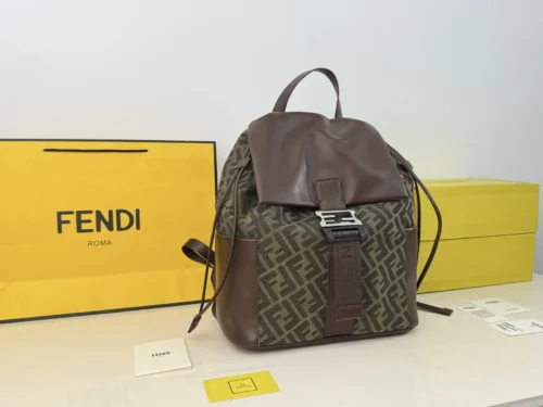 Fendi Flux Black Drawstring Leather Backpack