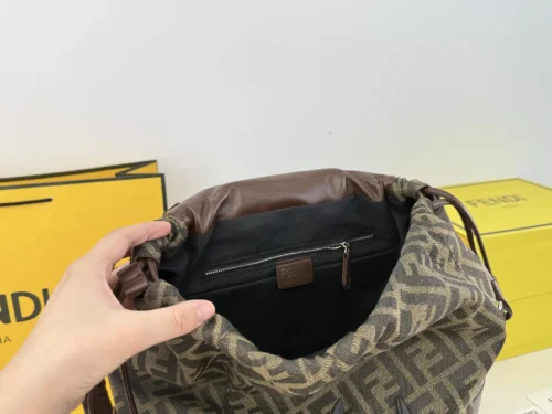 Fendi Flux Black Drawstring Leather Backpack