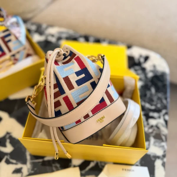 Fendi Mini Beige Embroidered Canvas Bucket Bag