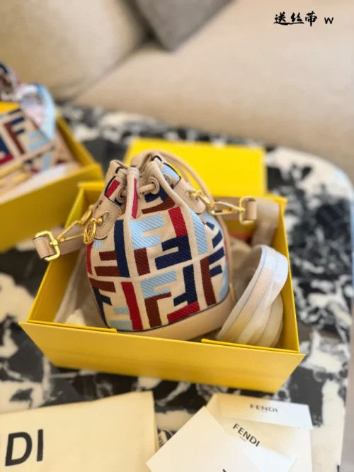 Fendi Mini Beige Embroidered Canvas Bucket Bag
