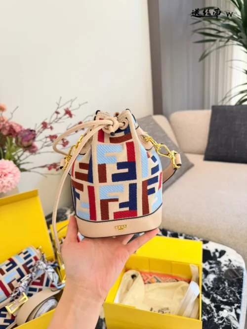 Fendi Mini Beige Embroidered Canvas Bucket Bag