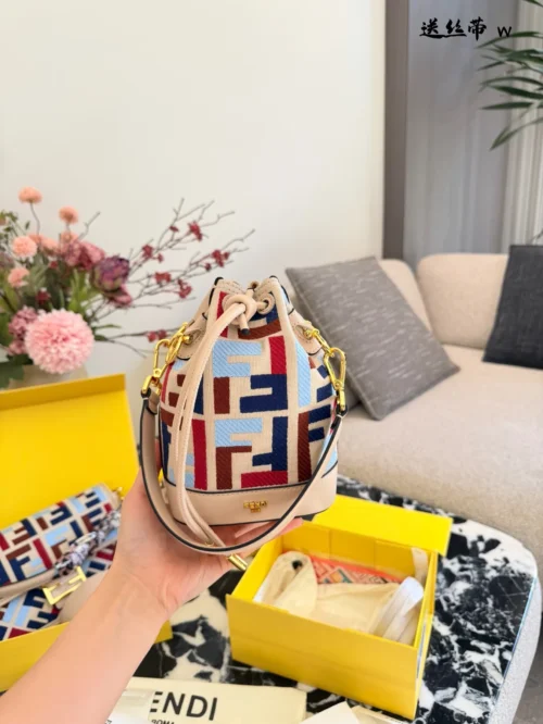 Fendi Mini Beige Embroidered Canvas Bucket Bag