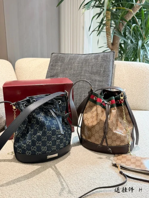 Gucci Black Monogram Leather Bucket Bag