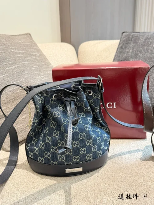 Gucci Black Monogram Leather Bucket Bag
