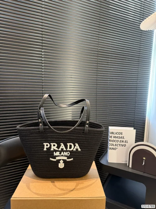 Prada Black Embroidered Leather Top Handle Bag