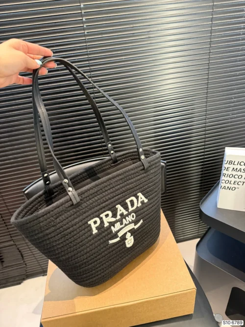Prada Black Embroidered Leather Top Handle Bag