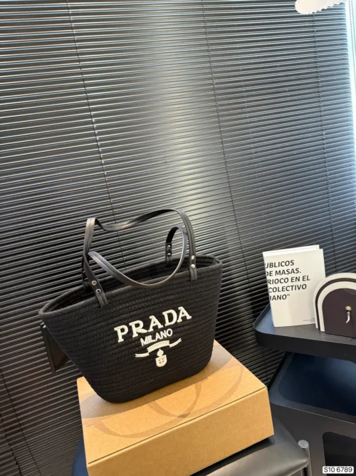 Prada Black Embroidered Leather Top Handle Bag