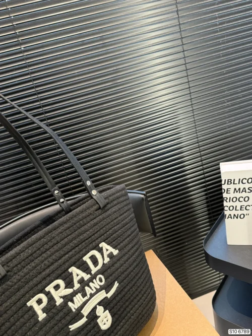 Prada Black Embroidered Leather Top Handle Bag