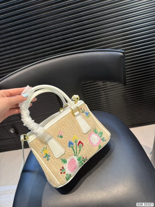 Prada Brown Embroidered Leather Top Handle Bag Style 0124