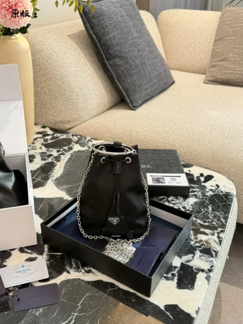 Prada Black Chain Nylon Bucket Bag