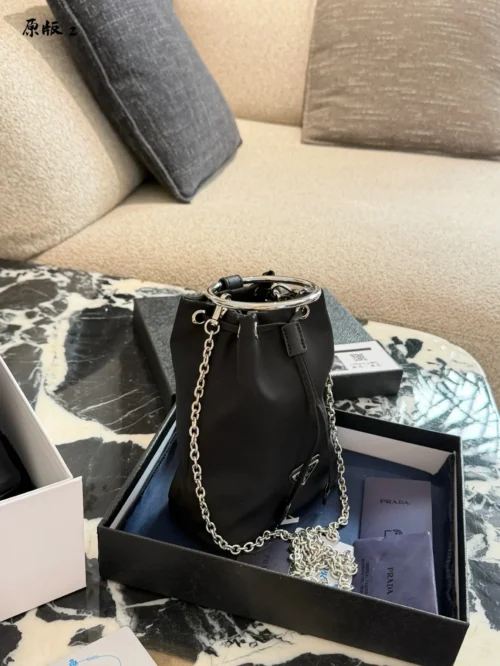 Prada Black Chain Nylon Bucket Bag