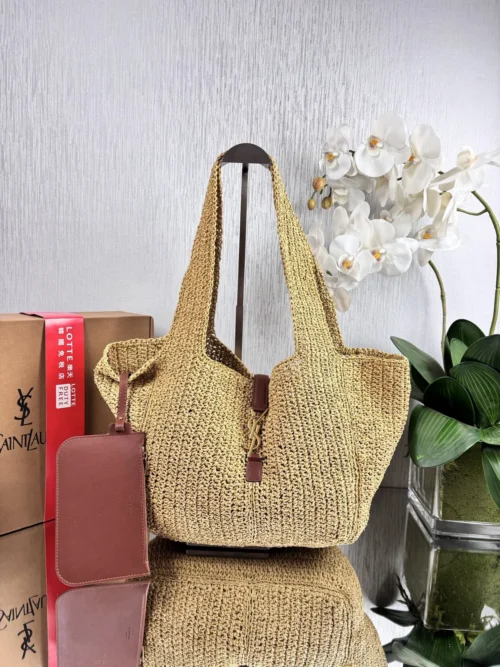 YSL Brown Woven Raffia Backpack
