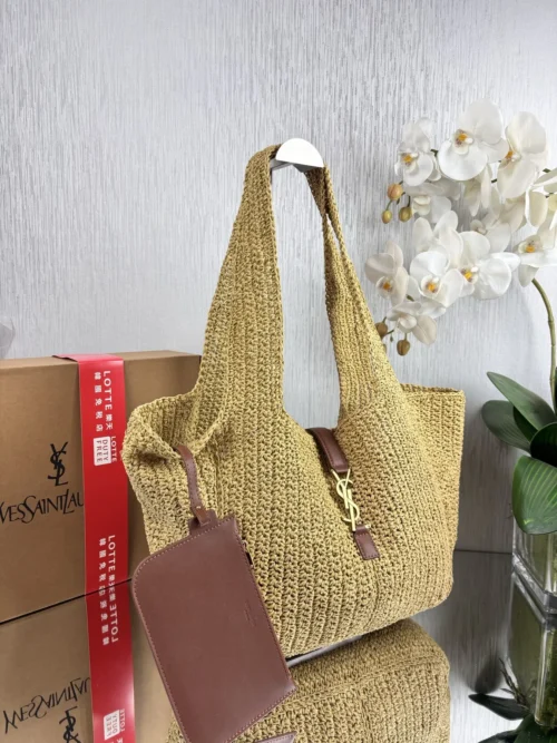 YSL Brown Woven Raffia Backpack