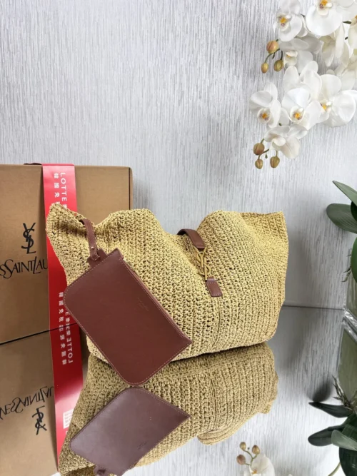 YSL Brown Woven Raffia Backpack